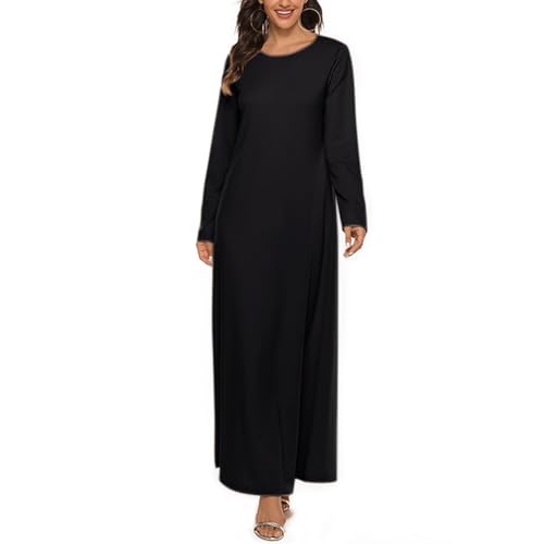 Womens Musilin Long Dress for Islamic Prayer Long Sleeve Robe Dress Full Cover Round Neck Dubai Kaftan Abayas Outfit - color: Black, size: Large-X-Large