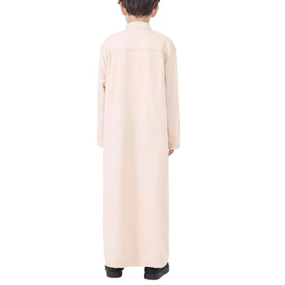 Boys Muslim Abaya Thobe Long Sleeve Cotton Islamic Prayer Kaftan Clothes Teen Kids Ramadan Plain Soft Festive Thobe - color: Beige, size: 13-14 Years