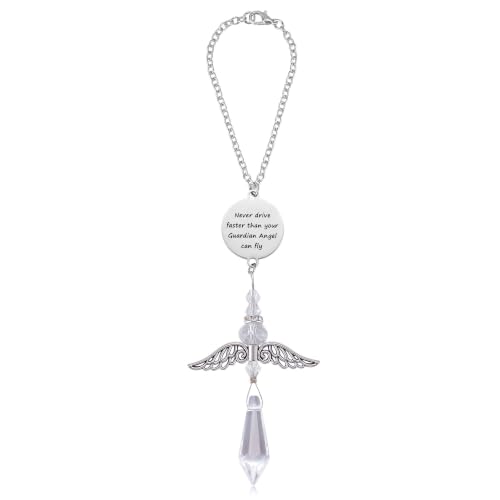 Guardian Angel Car Charm for Rear View Mirror, Never Drive Faster Than Your Guardian Angel Can Fly, Crystal Suncatcher Hanging Ornament, Drive Safe Gift for New Drivers - color: Never Drive Faster