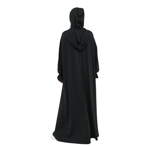 Muslim Hoodie Abaya Islamic Prayer Jilbab Maxi Robe with Inner Cap | Two-layer Cap, Prayer Abaya, Large Style - color: Black