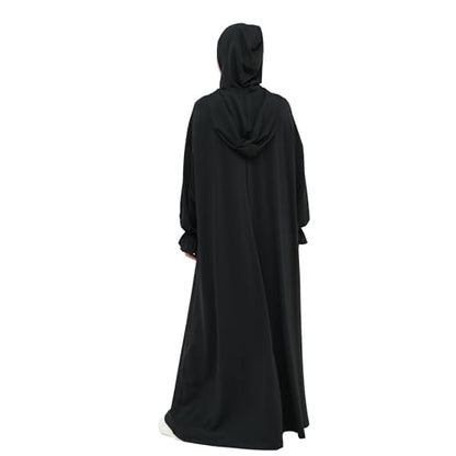 Muslim Hoodie Abaya Islamic Prayer Jilbab Maxi Robe with Inner Cap | Two-layer Cap, Prayer Abaya, Large Style - color: Black