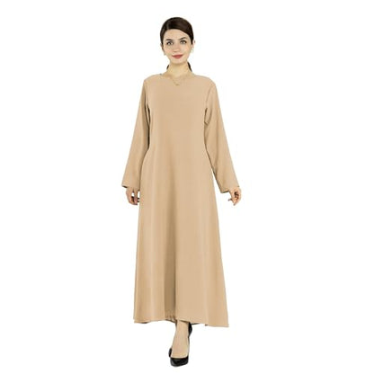 Women Abaya Muslim Dress Long Sleeve Modest Prayer Maxi Kaftan Islamic Clothes with Pockets - color: Beige, size: Large