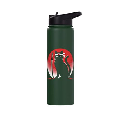Japanese Cats Lovers Retro Cool Fighting Ninja Cat Fighter Stainless Steel Insulated Water Bottle - color: Dark Green