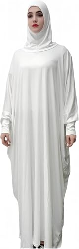 Women's Solid Muslim One-Piece Prayer Dress Abaya Kaftan with Hijab Full Length Dress - color: White