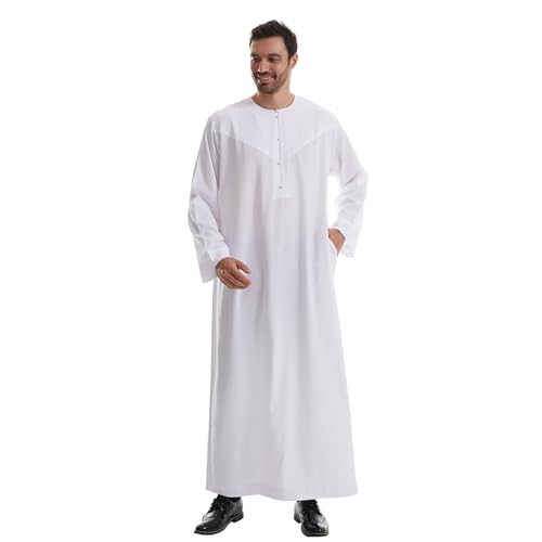 IWEMEK Men Muslim Thobe Long Sleeve Kaftan Robe with Pockets Saudi Arabic Thobe Ramadan Middle East Dubai Islamic Abaya Dress - color: White, size: Medium