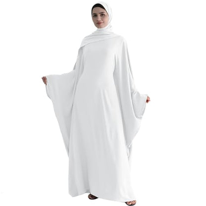 ODIZLI Abayas For Women Muslim Dubai Full Cover Kaftan Shirt Dress Batwing Sleeve Prayer Dress With Hijab - color: White + Hijab, size: Two