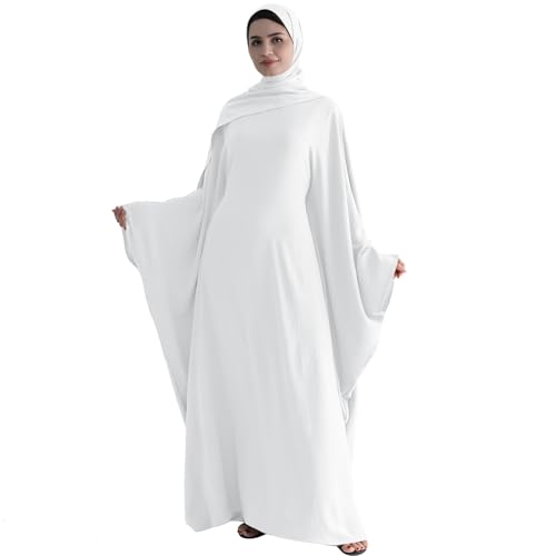 ODIZLI Abayas For Women Muslim Dubai Full Cover Kaftan Shirt Dress Batwing Sleeve Prayer Dress With Hijab - color: White + Hijab, size: One Size
