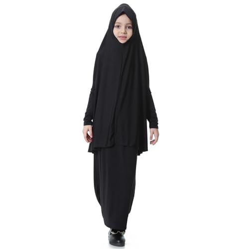 Girls Prayer Dress Muslim Abaya with Hijab 2pcs for Teen Girl Long Sleeve Islamic Maxi Set Arabic Ramadan Jilbab Eid Clothing - color: B-black, size: 13-14 Years