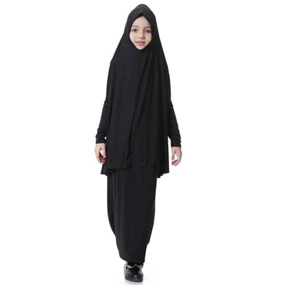 Girls Prayer Dress Muslim Abaya with Hijab 2pcs for Teen Girl Long Sleeve Islamic Maxi Set Arabic Ramadan Jilbab Eid Clothing - color: B-black, size: 11-12 Years