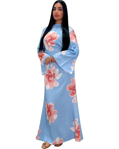Women Butterfly Abaya Elegant Prayer Dress with Bell Sleeve, Waist Tie, Stylish Floral Printed Maxi Robe - color: Blue, size: Small