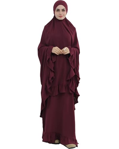Abaya 2pcs Muslim Prayer Dress Sets with Islamic Hijab Scarf Two-Piece Full Length Dress Plus Size for Ramadan - color: Winered, size: Large