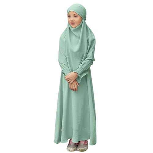 OBEEII Abaya for Girls Muslim Long Sleeve Prayer Dress Ramadan Kaftan Abaya with Hijab Islamic Clothing Arabic Eid Robe - color: Light Green, size: 9-10 Years
