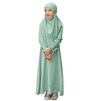IDOPIP Muslim Dress for Girls Islamic Prayer Abaya Smocked Long Sleeve Kaftan Robe Dresses with Hijab Ramadan Dubai Outfits - color: Green, size: 7-8 Years