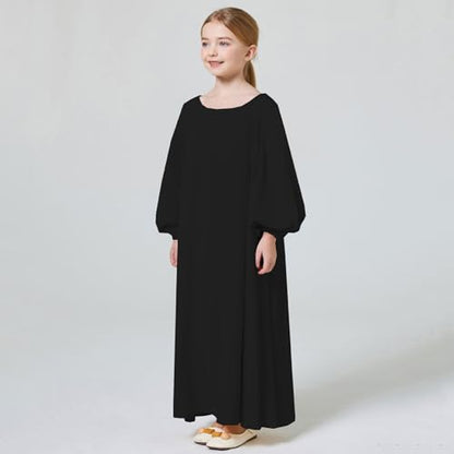 Kids Girls Muslim Abaya Long Lantern Sleeve Robe Maxi Dress Dubai Islamic Pleated Prayer Dress Full Cover Kaftan Casual - color: Black, size: 4-5T