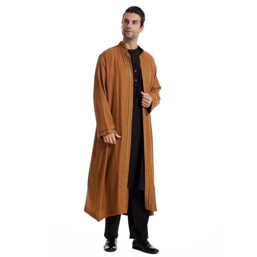 Qianliniuinc Thobe for Men Abaya Islamic Clothing - Muslim Kaftan Dubai Arabic Robe Loose Fit Casual Prayer Wear - color: Camel, size: Large