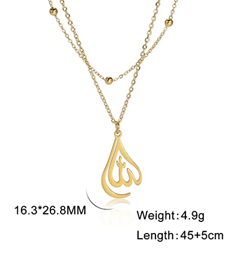 UNIFT Islamic Muslim Allah Layered Necklaces For Women Stainless Steel Charm Water Drop Heart Shape Allah Pendant Double Layer Necklace Islamic Jewelry - color: gold