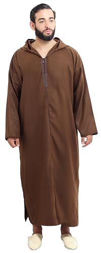 Moroccan Men Djellaba with Hood – Handmade Winter Jellaba Cotton Kaftan with Delicate Embroidery, Caftan Fits L–XL - color: Chocolote