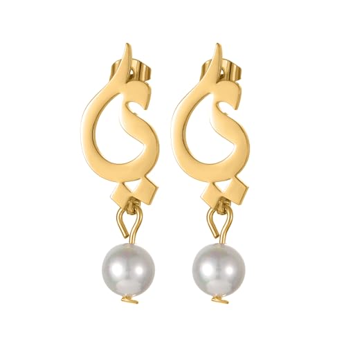 Arabic-Inspired Gold Earrings with Pearl Drop – Unique Script Design, Elegant Jewelry for Women, Customizable Initials,Gift for Birthday, Anniversary, Valentine’s Day (ر)