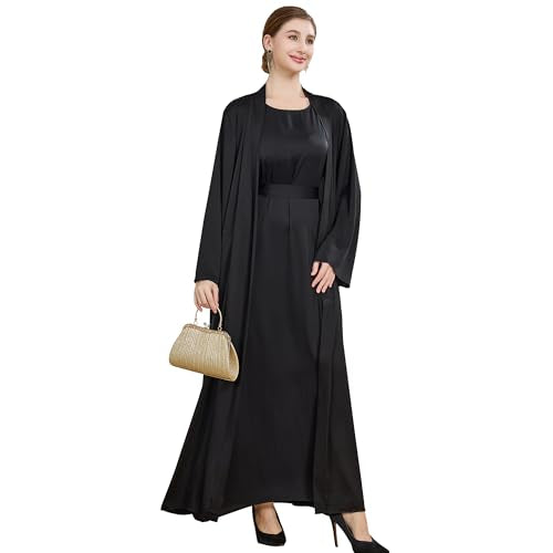 Islamic Abaya Dress for Women Muslim Maxi Abayas 2pcs Silky Fashion Dress Set Daily Kaftan Jilbab Outfit Women Eid Robe - color: Blacka, size: Large
