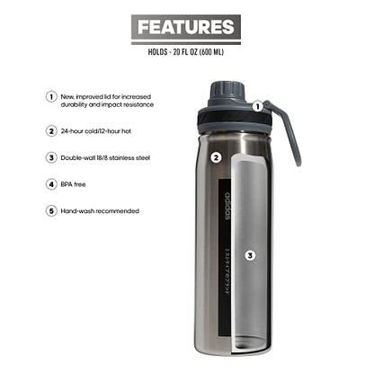 adidas Stainless Steel Metal Water Bottle 20 oz (600 mL) Screw Cap - color: Stainless Steel/Onix Grey/Black