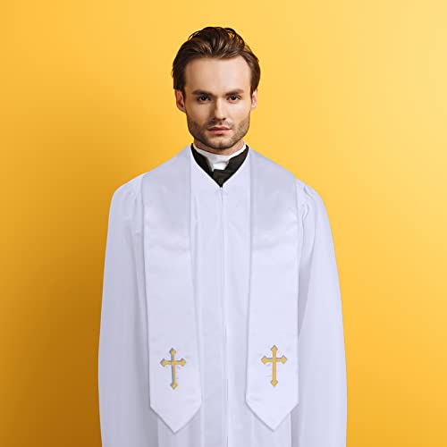 Jiuguva Clergy Robe for Adults Unisex, Priest Church Robe Set with Cross Stole, Minister Pulpit Baptism Choir Robe Attire - color: White