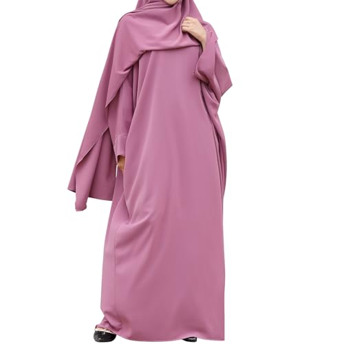 IDOPIP Abayas for Women Muslim Dress with Hijab, One-Piece Long Sleeve Islamic Prayer Dress with Khimar Jilbab Kaftan Clothes - color: Purple (1pc Dress Only)