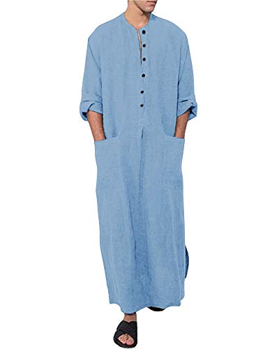 Jacansi Men's Button up Cotton Robe Long Sleeve Kaftan Thobe Long Gown Casual Shirt for Beach - color: 01-blue, size: 3X-Large