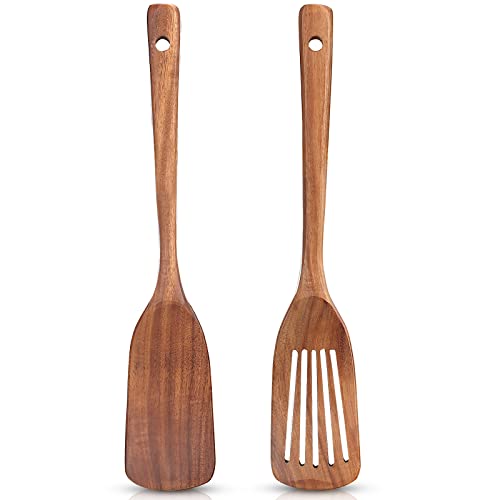 Non Toxic Wooden Spatulas for Kitchen Utensil Set Acacia Wood Cooking Spoon | Flat Wok Pancake Spatula Slotted Turner Bamboo Spoon for Cooking Utensil Spurtle Scraper Long Fish Egg Flipper Spatulas - color: 2Pcs-Natural