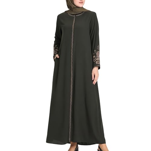 Women's Embroidered Sleeves Abaya and Embroidered On The Side of The Zipper Long Sleeve Floor Length Turkish Fashion - color: Green, size: Medium