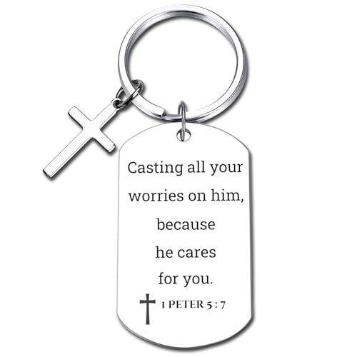 GiftYou Inspirational Scripture Metal Key Chains with Cross Pendant - Bible Verse Keychain Religious Gift for Christian - color: 1 Peter 5:7