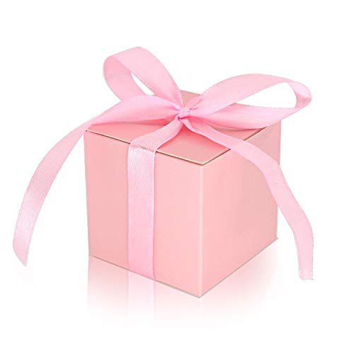 KPOSIYA 100 Pack Favor Boxes 2x2x2 inch Candy Boxes White Gift Boxes with Ribbons for Wedding Baby Shower Decorations Birthday Party Supplies - color: Pink(Pack of 100)