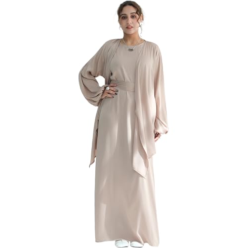 2PCS Muslim Abaya Dress for Women Smooth Satin Prayer Cardigan with Belt - color: Khaki, size: Medium-Large