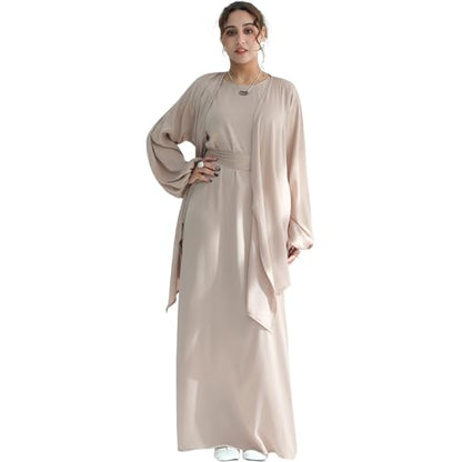 2PCS Muslim Abaya Dress for Women Smooth Satin Prayer Cardigan with Belt - color: Khaki, size: Medium-Large