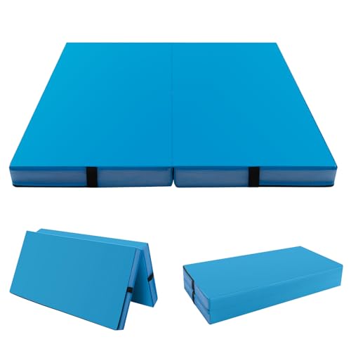Giantex 4" Thick Folding Gymnastics Mat, 4' x 4' Bio-Folding Exercise Mat with Carry Handles & PU Leather Cover, Gym Home Tumbling Mat for Kids, Yoga, Fitness, Pilates & Martial Arts - color: Blue
