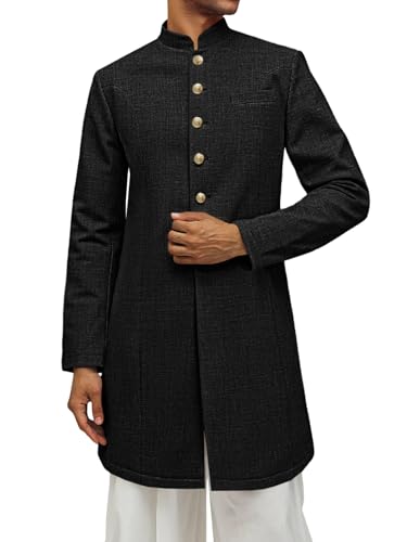 Runcati Mens Kurta Coats Indian Mandarin Collar Attire Ethnic Outfits Wedding Festive Party Clothing Casual Kaftan Robe - color: Black, size: XX-Large