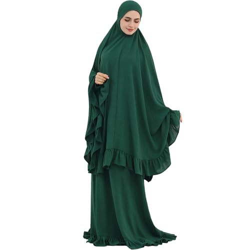 2PCS Abayas for Women Muslim Dress Ruffled Hem Modest Prayer Robe Full Coverage Modest Jilbab Set - color: Dark Green, size: Medium