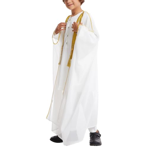 Toddler Boys Muslim Arabic Thobe Long Sleeve Embroidered Islamic Kaftan Teens Middle East Prayer Dress Ramadan Eid Clothes - color: White, size: 1-2T