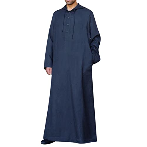 Alalaso Mens Muslim Thobe Kaftan Robe Saudi Arabic Middle East Islamic Long Gown Dress Long Sleeve Clothing Ramadan Jubbah - color: 1-navy, size: X-Large