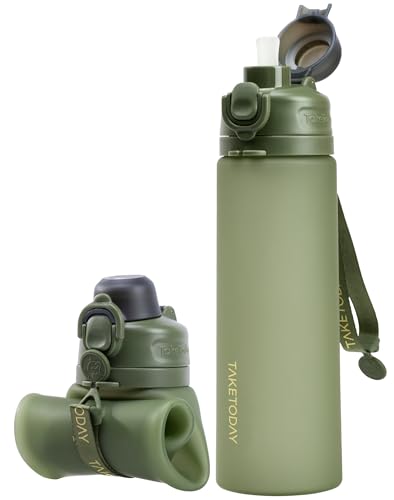 TakeToday Collapsible Water Bottles 21oz (600mL), Foldable Platinum Silicone Travel Water Bottle with Straw & Carry Strap, Leak-Resistant Screw Lid, Wide Mouth, BPA-Free for Hiking, Camping, Travel - color: Jungle