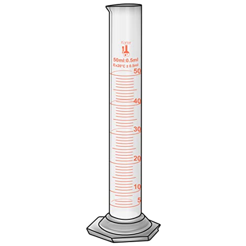 50ml Graduated Cylinder, Borosilicate 3.3 Glass, Single Metric Scale, Class B, Karter Scientific 213I41 (Pack of 6) - size: 50ml, style: Pack of 6