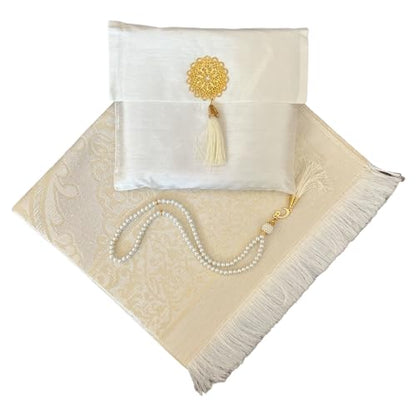 Muslim Prayer Rug and Beads with Elegant Slub Fabric Bag | Janamaz | Sajadah | Soft Islamic Prayer Rug | Islamic & Mawlid Gifts | Prayer Carpet Mat, Taffeta Fabric (White, 1 Sets) - color: White, size: 1 Sets