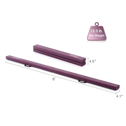 ZELUS 8' Folding Gymnastics Balance Beam, Floor Balance Beam w/Carry Handles Anti-Slip Base for Kids, Beginners & Professional Gymnasts - color: Purple