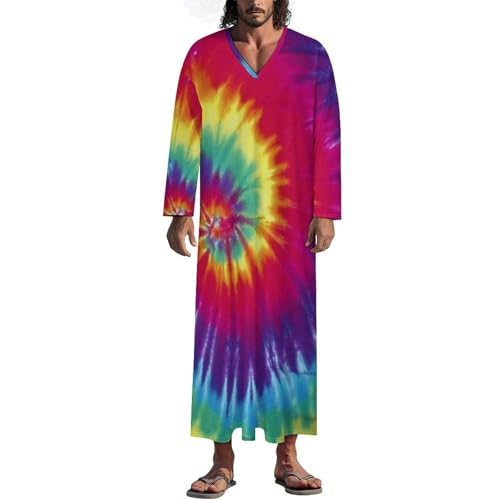 Pastel Rainbow Tie Dye Mens V Neck Long Sleeve Robe Loose Kaftan Long Gown Thobe