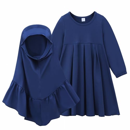 Kids Girls Prayer Islamic Dress Printed Sleeve Cuffed Prayer Set for Muslim Middle East Modest Two Piece Outfits - size: 5-6 Years