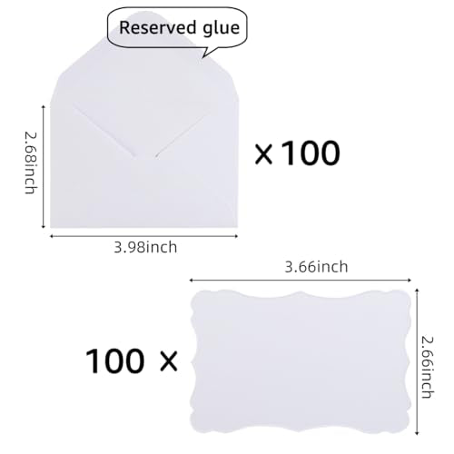 100 Pack Mini Envelopes with Blank Note Cards, White | 4 x 2.7 Inches, Self-Adhesive, Small Business Card Size - color: White-White