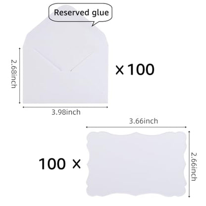 100 Pack Mini Envelopes with Blank Note Cards, White | 4 x 2.7 Inches, Self-Adhesive, Small Business Card Size - color: White-White