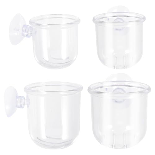 ULTECHNOVO 4pcs Glass Fish Tank Feeder Cups with Suction Cups, Aquarium Water Grass Containers for Betta and Shrimp Feeding, Small Large Sizes for Aquarium Accessories