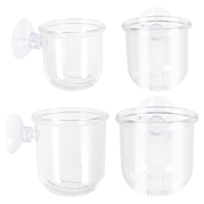 4pcs Fish Tank Feeder Cups with Suction, Acrylic Water Grass Containers, Small and Large Sizes for Aquarium Fish and Shrimp Feeding Accessories