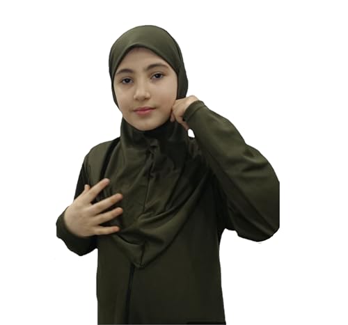 Abaya for little girls sleeved Prayer Dress &Hijab One-piece prayer dress with hijab muslim girls jilbab Abaya. - color: Dark Green, size: 2