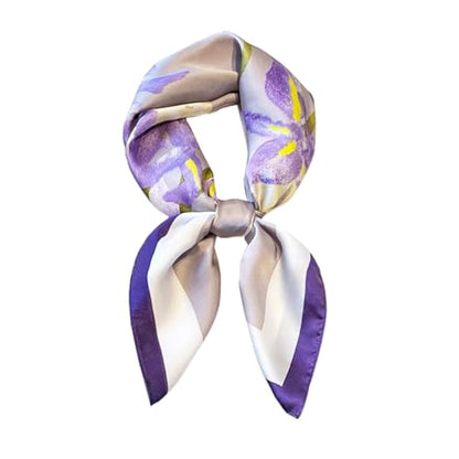 FONYVE Silk Feeling Scarf Medium Square Satin Head Scarf for Women 27.5 × 27.5 inches - color: 03 Purple Flowers